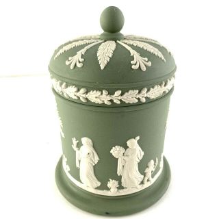 Vintage Wedgwood Hard To Find Canister Green Jasperware 1974 With Lid