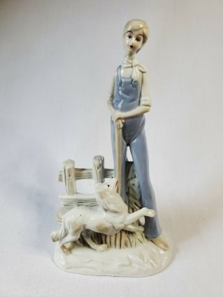 Vintage Porcelain Lady With Dog At Fence Figurine Blue Overalls Lladro " Style "