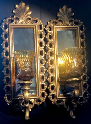 2 Vintage Mcm Homco Gold Smoky Mirror Candle Holder Wall Sconces W/glass Votives