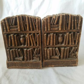 Syroco Wood Bookend Pair Vintage Made In Usa Library Shelf Unique Carved