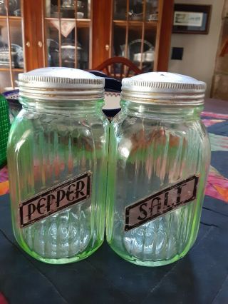 Vintage Green Ribbed Depression Glass Salt And Pepper Shakers With Labels