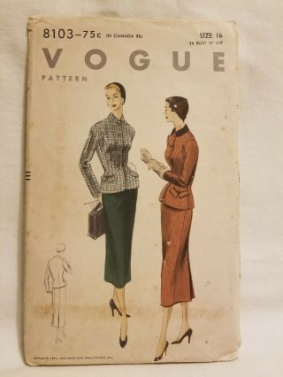 Vtg Vogue Sewing Pattern 8103 1950s Suit Jacket & Skirt