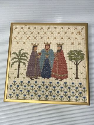 Vintahe Needlepoint Three Wise Men Christmas Holiday Picture Decor Gold Frame
