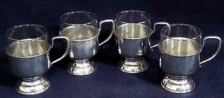 Set Of 4 Salisbury Pewter Polished Beaded Footed Mugs With Glass Inserts