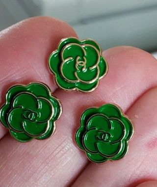 3 Cc Chanel Camellia Flower Buttons,  Green And Gold,  12 Mm,  Tiny Cute Buttons
