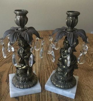 Pair Vintage Brass Candle Holders With Prism 10 1/2 Inches Tall On Marble Stand