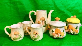 Vintage 70s Ceramic Mushrooms Ceramic Teapots Coffee Mugs Covered Sugar Bowl