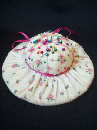Vintage Pin Cushion Handmade Hat Pin Cushion Flannel Floral Fabric Circa 1960s