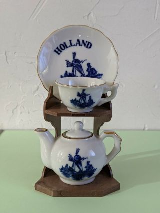 Holland Collectible Delft Souvenir Decorative Windmill Tea Cup,  Saucer & Pot Set