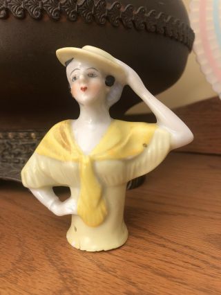 Vintage Flapper Porcelain Half Doll - 4 " Tall - Pin Cushion