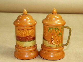 Vtg Hand Carved / Painted Wood Hawaii Souvenir Salt & Pepper Shakers Mug Style