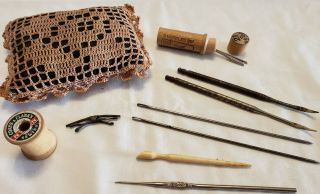 Vintage Antique Sewing Notions Crochet Hook Boye/sewing Needles/pin Cushion Bone