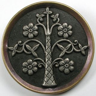 Antique Brass & Pewter Button Pretty Flowers Flower Design - 1 & 1/2 "