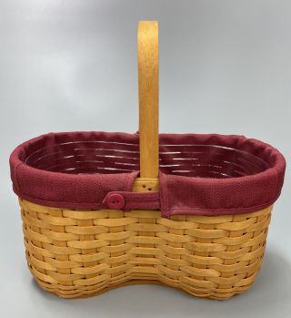 Longaberger 2001 Woven Oval Basket W/ Handle & Fabric & Plastic Liner 12.  5 "