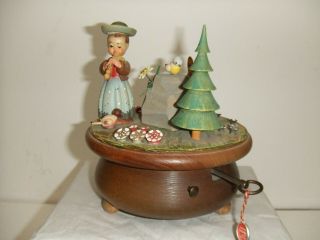 Vintage Thorens Solid Wood Handmade/painted Round Music Box (switzerland) Edelwe