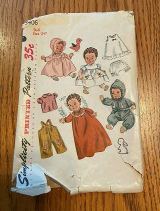 Vintage 1950s Simplicity Baby Doll Clothes Pattern 3406 For 24 " Doll