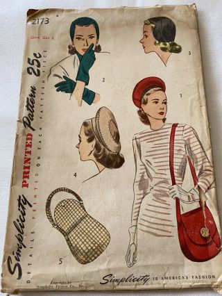 Vintage Simplicity Sewing Pattern 2173 Accessory Set Hat Bag And Gloves Size 6