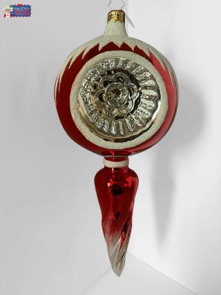 Christopher Radko Ornament Silver White Red Reflector Spinner,  Vintage 9  Tall