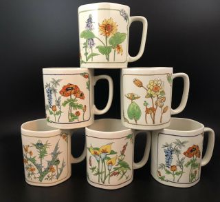 Vintage Set Of 8 Japan Octagon Coffee Mugs Floral Wild Flowers