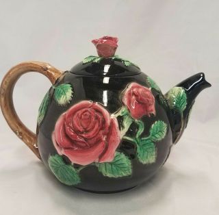 Vintage Fitz & Floyd Midnight Black Rose Teapot 1987 Shabby Chic Kitchen Decor