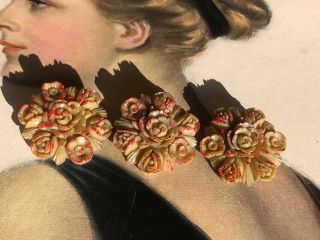 Antique Vintage Celluloid Buttons (3) Flowers Floral Dimensional Roses1 3/8”