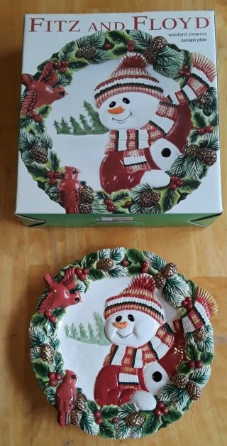 Fitz And Floyd 2003 Christmas Woodland Snowman 11 " Canape Plate
