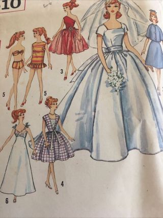 1950s Simplicity 4510 Vintage Sewing Pattern Barbie Doll Clothes Wedding Swim
