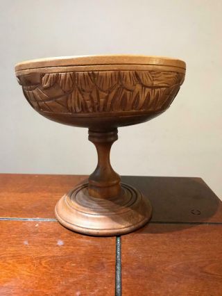 Vintage 7 1/2 " High X 7 1/4 " Dia Pedestal Footed Engraved Wooden Fruit Bowl