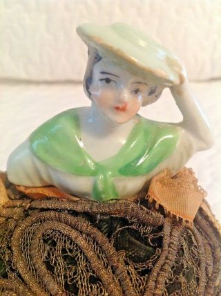 Vtg Porcelain Half Doll In Lace And Green Velvet Dress Pincushion Open Arm