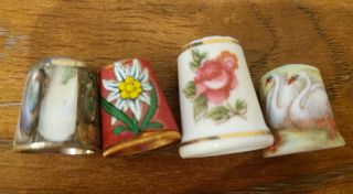 4 Vintage Thimbles Mother Of Pearl Austria Leather Wrapped Japan Bone China Mjm