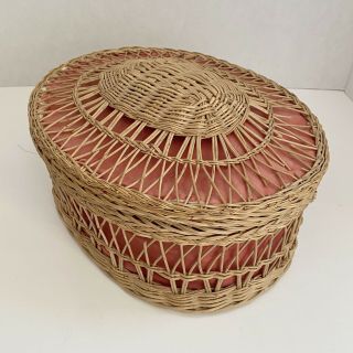 Vintage Lined Woven Wicker Rattan 10 " Oval Sewing Basket W Lid Pink Red Quilted