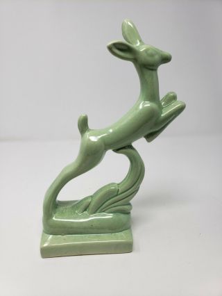 California Pottery Vintage Ceramic Green Leaping Deer 11 " Tall Unsignd Art Deco