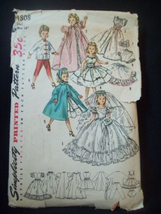 Vintage Simplicity Pattern 1808 Doll Clothes 18 " Doll Revlon Cissy Circa 1950s