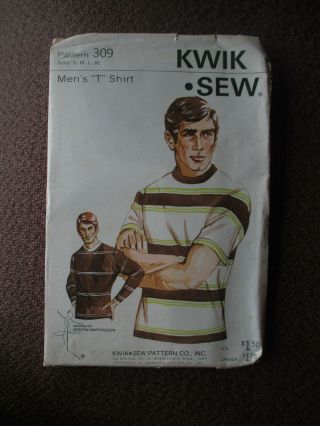 S M L Xl Kwik - Sew Pattern Mens 34 - 48 Vtg 1970s Mid - Century Crew Neck Tee T - Shirt