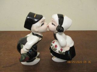 Vintage Napco Black/white/gold Trim Kissing Dutch Boy & Girl Ceramic Figurines