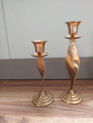 Vintage Brass Candle Holders Set Of 2 Sprial Mcm Unique Antique