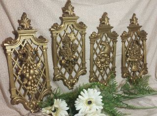 4 Vtg Syroco Hollywood Regency Flower Basket Wall Plaques Gold Decor Sconce Set