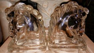 Vintage Federal Clear Glass Horse Head Book Ends Pair Hollow Heavy 5 1/2 " Tall