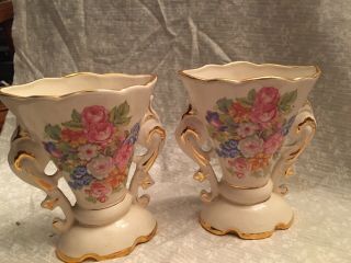 Short Vases.  Porcelain.  Grindley Cream With Pink Roses.  Gold Trim.