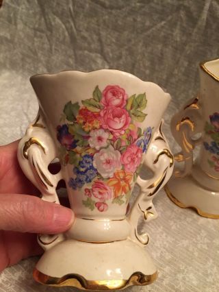 short vases.  Porcelain.  Grindley cream with pink roses.  Gold trim. 2