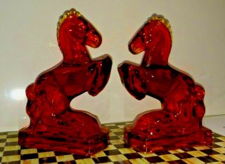 Vintage L.  E.  Smith Red Orange Amberina Art Glass Rearing Horse Book End,  Pair