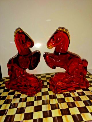 Vintage L.  E.  Smith Red Orange Amberina Art Glass Rearing Horse Book End,  Pair 2
