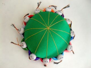 Vintage Chinese Pincushion Green Silk 12 Children Head Pin Cushion