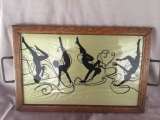 Deco Reverse Painting Silhouette On Glass Serving Tray Barware
