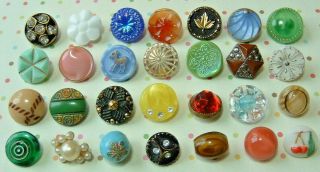 28 Fancy Small Vintage Glass Buttons Moonglow Hat Deer Cheeries Pearls In Metal