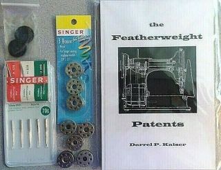 8 Singer Featherweight 221 Sew Machine Needles,  8 Bobbins,  2 Spool Pads,  Book