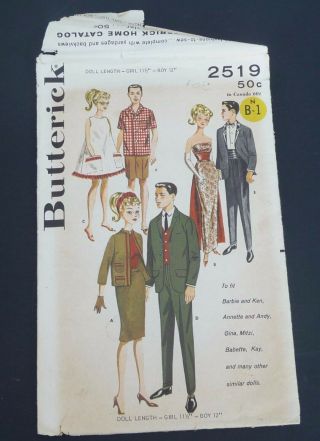 Vintage Butterick 2519 Boy Girl Doll Pattern For Barbie Ken Etc.  ; Cut