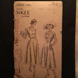 1950’s Vtg Vogue Sewing Pattern 3282 Dress Pockets Round Neck Sz 9 - 15