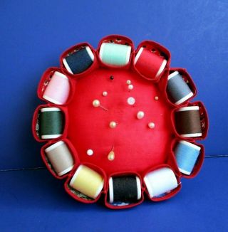 Reversible Round Fabric Pin Cushion Spool Holder W 12 Spools Of Thread