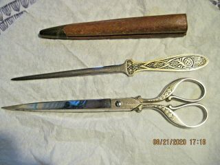 Vintage Germany F.  Kceller Co.  Letter Opener & Scissors Set W/ Leather Sheath
